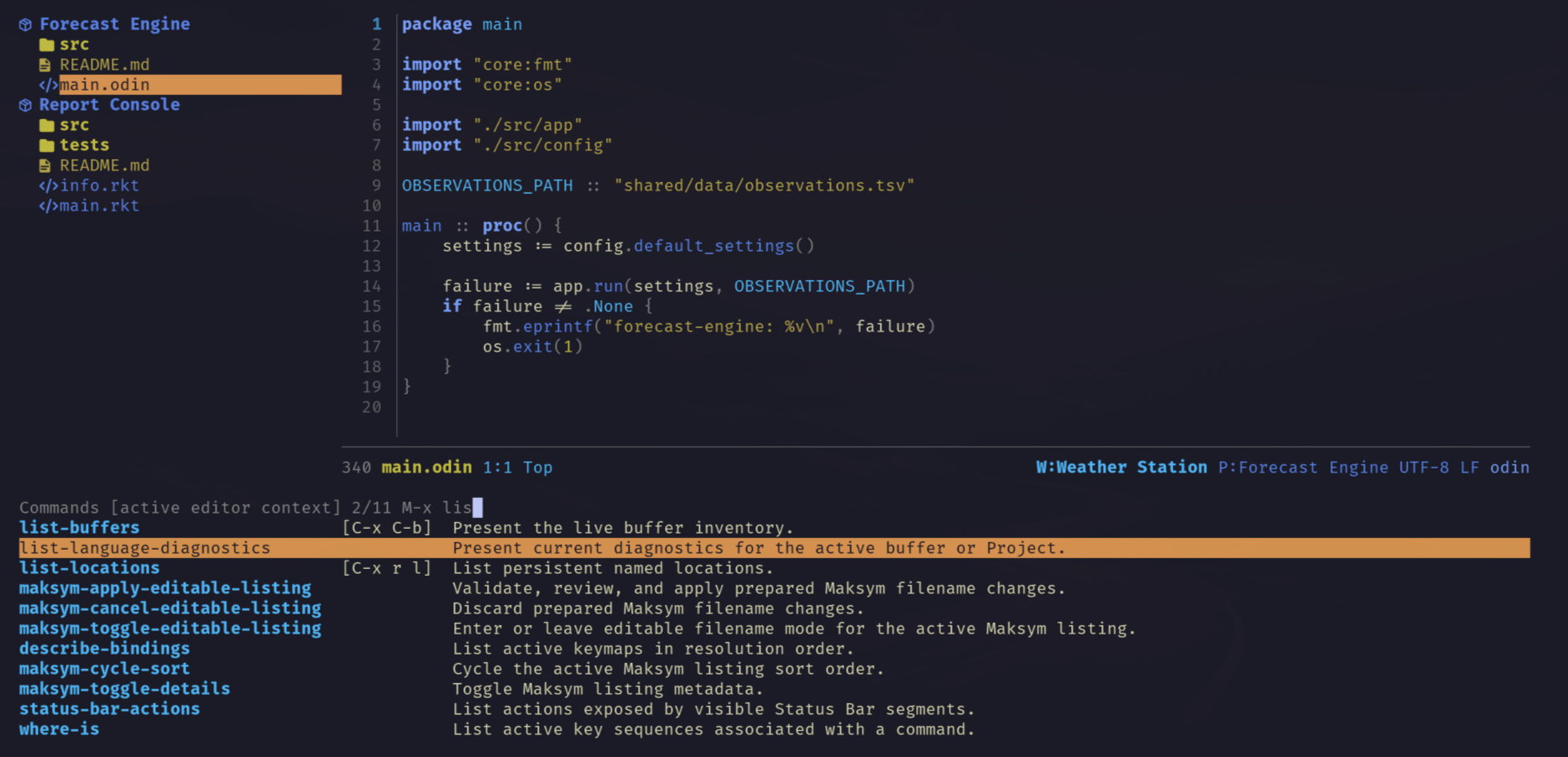 Odra showing its file explorer, editor view, status bar, and command navigator